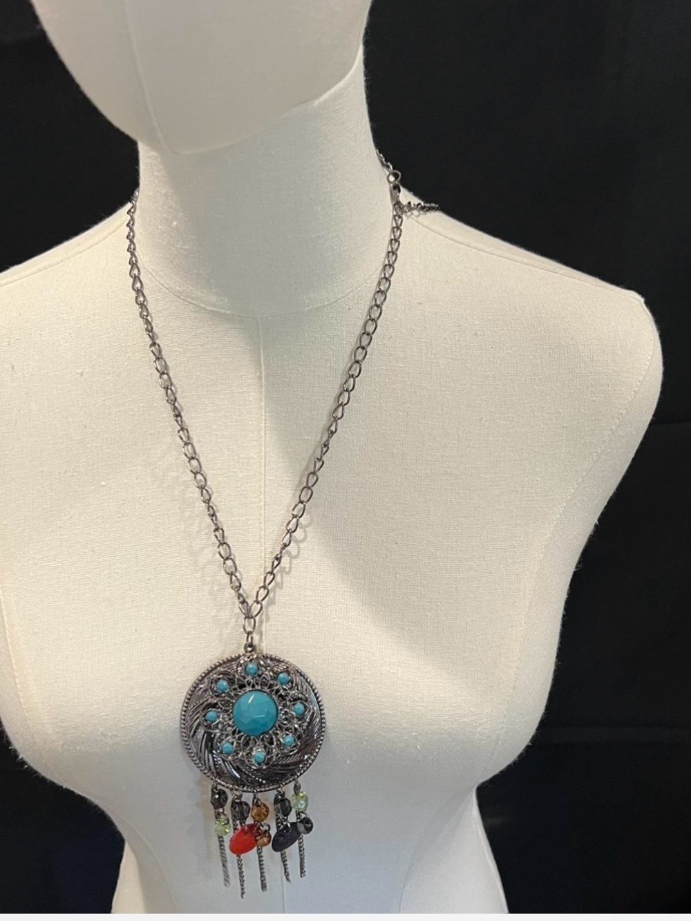 Turquoise Multi-Stone Silver Pendant Necklace - Women Jewelry